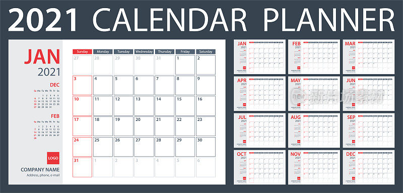 日历计划2021 -矢量模板。一周从周日开始